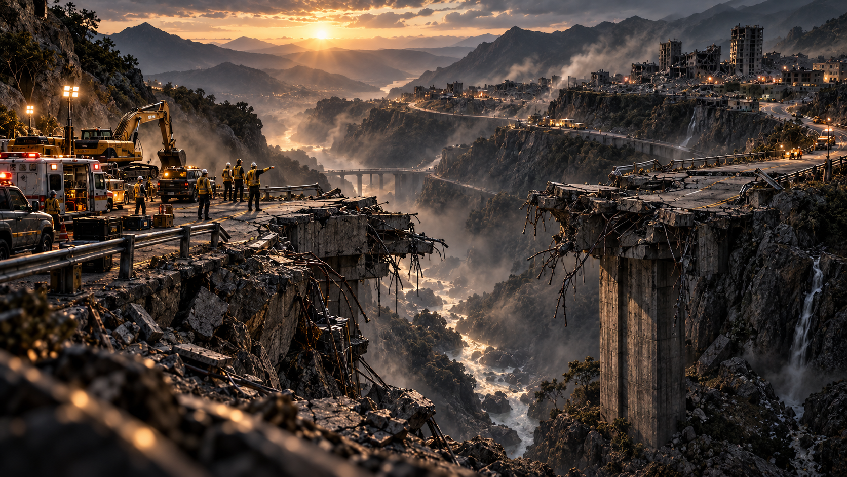 Emergency teams stopped by a collapsed mountain bridge after an earthquake