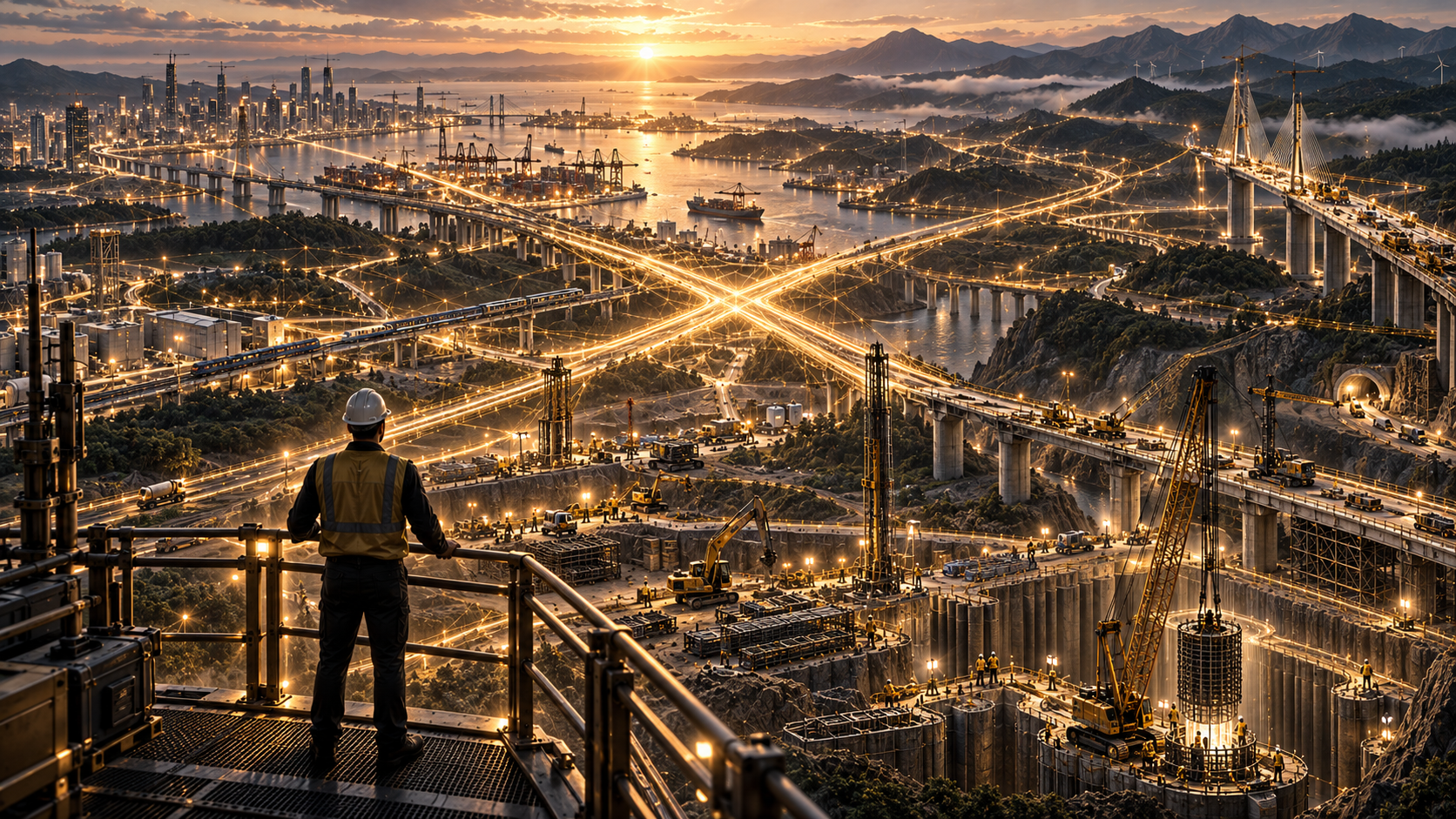 An engineer overlooking a connected world of bridges, foundations, transport, and construction