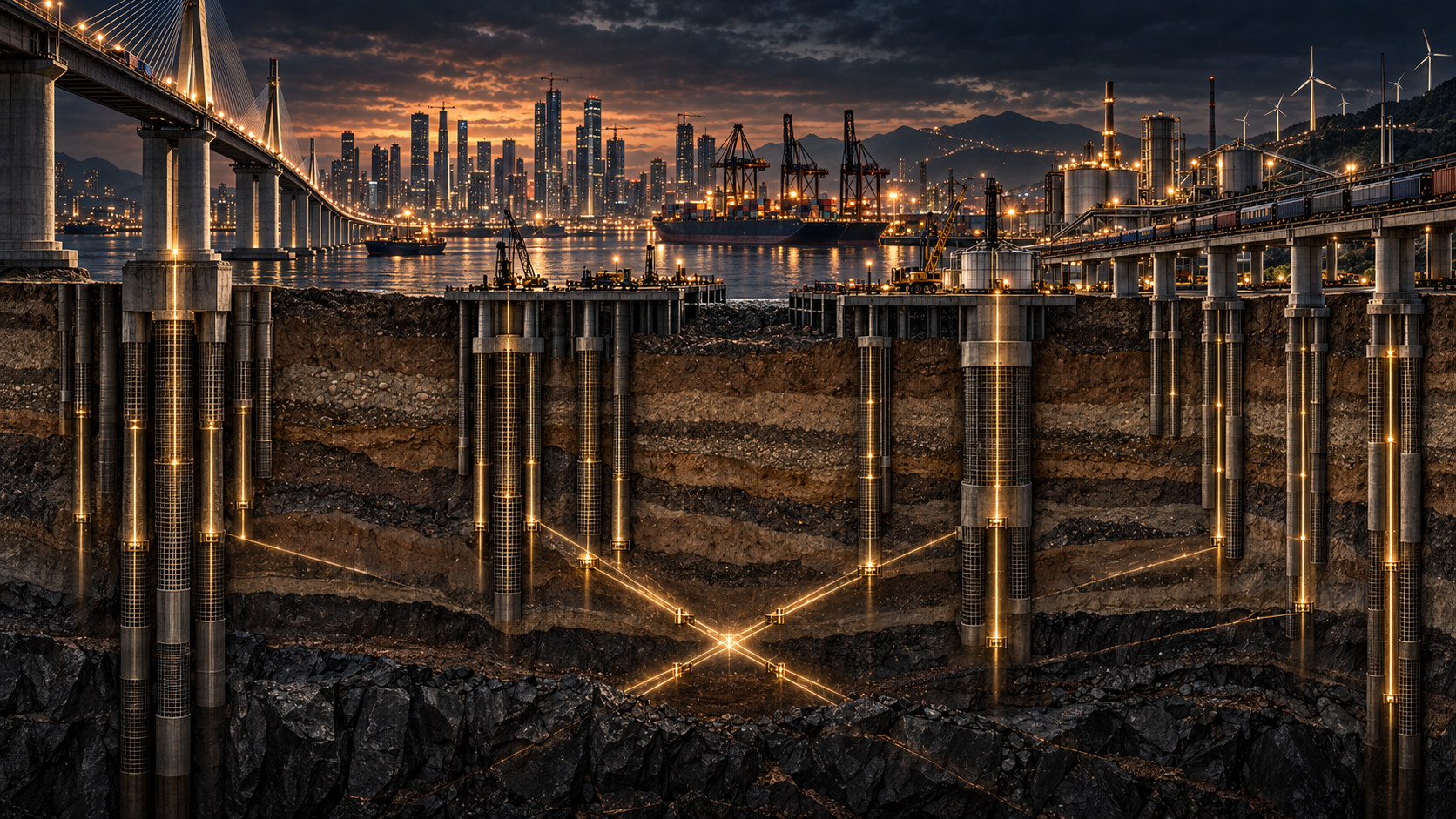 A cinematic cutaway connecting deep foundations to bridges, cities, ports, rail, and energy infrastructure