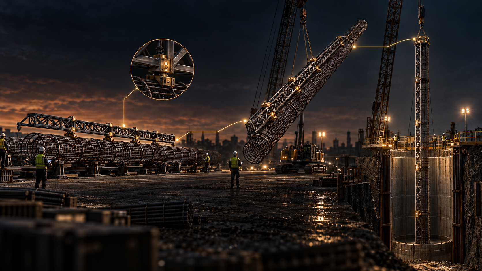 A modular reinforcement cage assembled horizontally, engaged by an auxiliary structure, lifted, and placed vertically